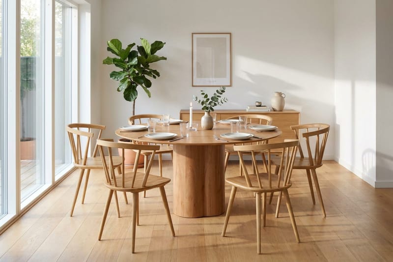 Juno spisegruppe rund 150 cm eg med 6 Tyrö spisestole - Eg - Møbler - Borde - Spisebordssæt