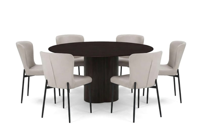 Juno spisegruppe rund 150 cm røget eg med 6 Elsie spisestole, Røget eg/Beige