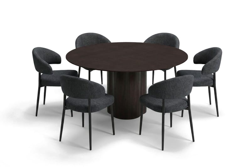 Juno spisegruppe rund 150 cm røget eg med 6 Sawako spisestole, Røget eg