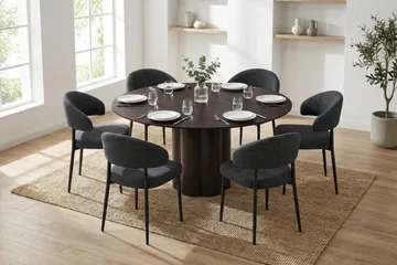 Juno spisegruppe rund 150 cm røget eg med 6 Sawako spisestole - Røget eg - Møbler - Borde - Spisebordssæt