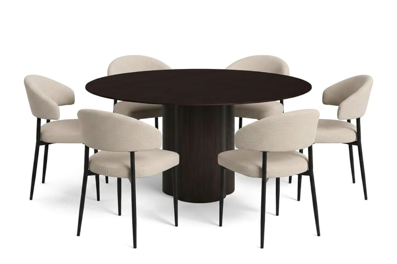 Juno spisegruppe rund 150 cm røget eg med 6 Sawako spisestole, Røget eg