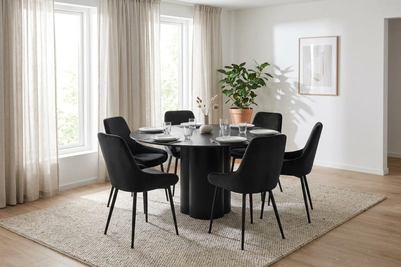 Juno spisegruppe rund 150 cm sort med 6 Alsarp spisebordsstole - Sort - Møbler - Borde - Spisebordssæt