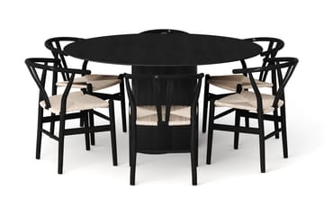 Juno spisegruppe rund 150 cm sort med 6 Dastoori spisestole - Sortbejdset eg - Møbler - Borde - Spisebordssæt