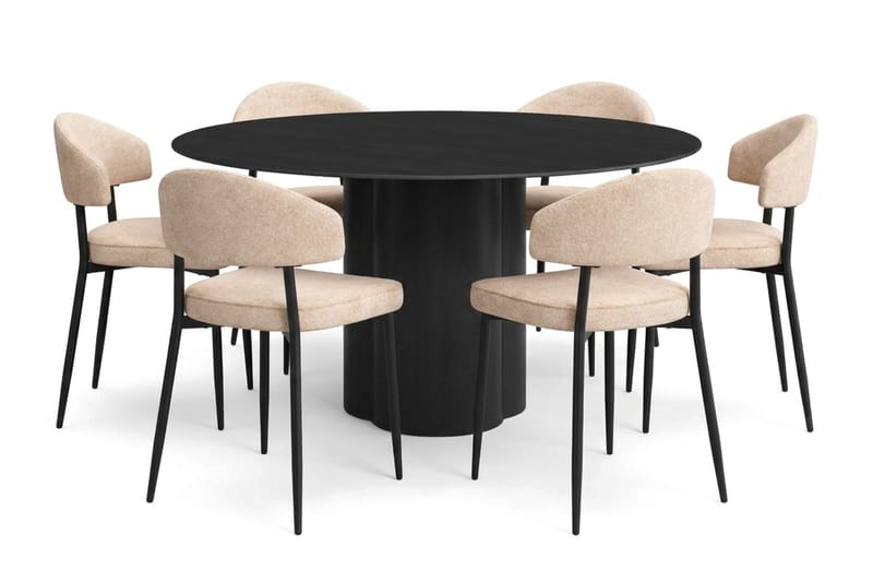 Juno spisegruppe rund 150 cm sort med 6 Jairam spisebordsstole, Sortbejdset eg