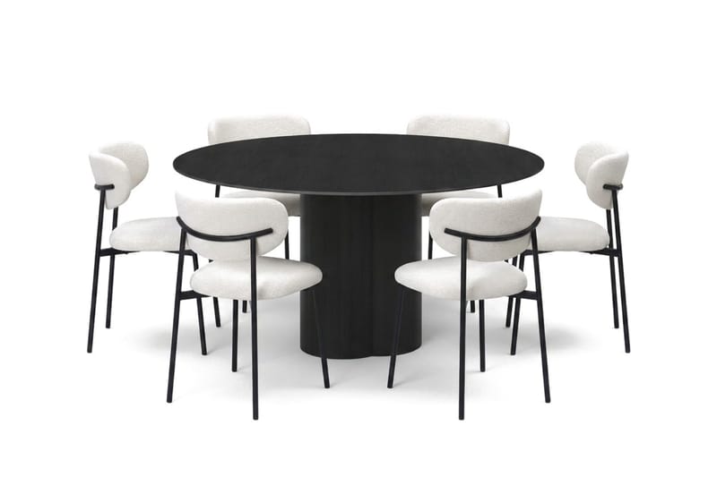 Juno spisegruppe rund 150 cm sort med 6 Lucy spisebordsstole, Sortbejdset eg