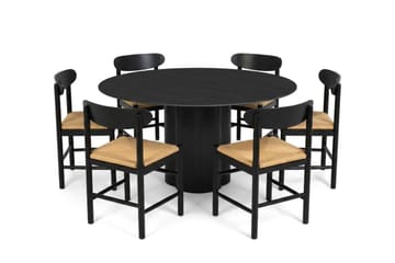 Juno spisegruppe rund 150 cm sort med 6 Malte spisestole - Sortbejdset eg - Møbler - Borde - Spisebordssæt