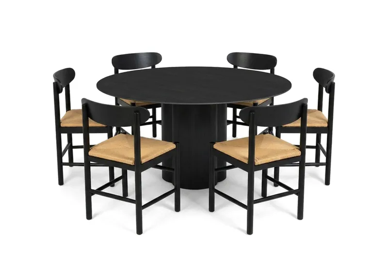 Juno spisegruppe rund 150 cm sort med 6 Malte spisestole, Sortbejdset eg