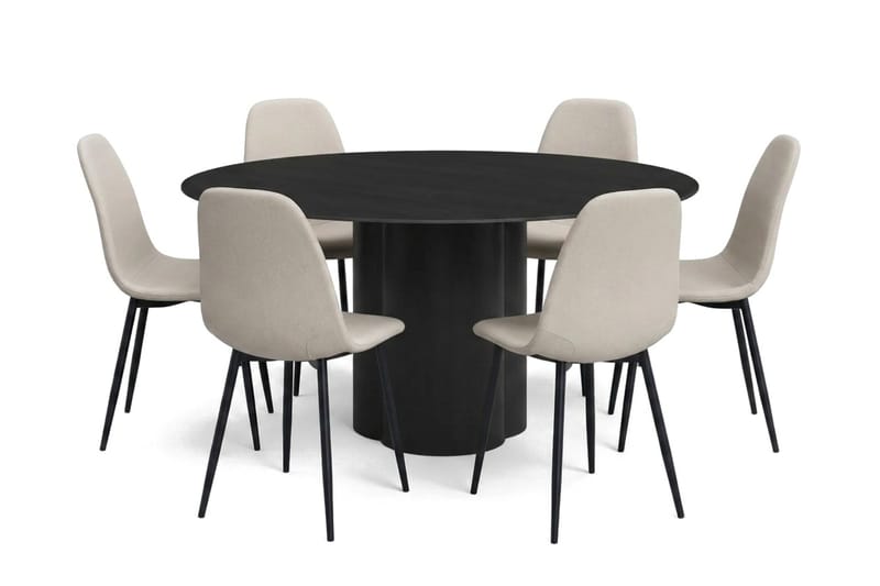Juno spisegruppe rund 150 cm sort med 6 Nibe spisebordsstole, Sortbejdset eg