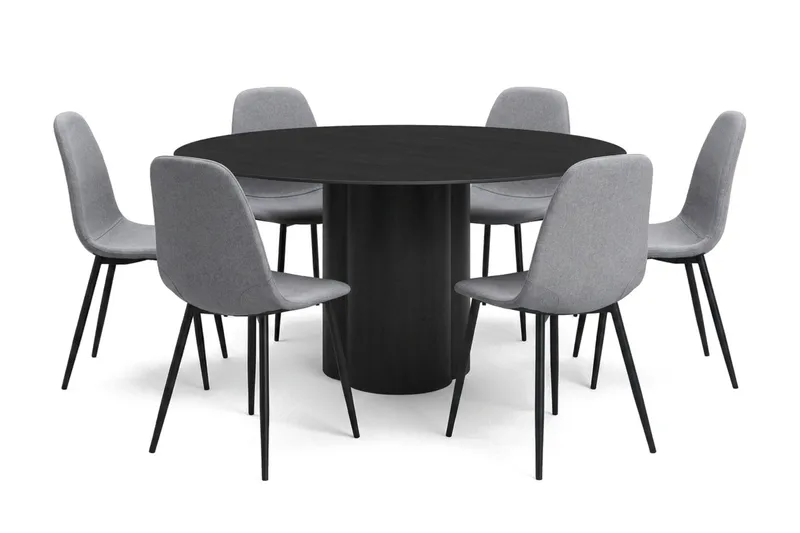 Juno spisegruppe rund 150 cm sort med 6 Nibe spisebordsstole, Sortbejdset eg