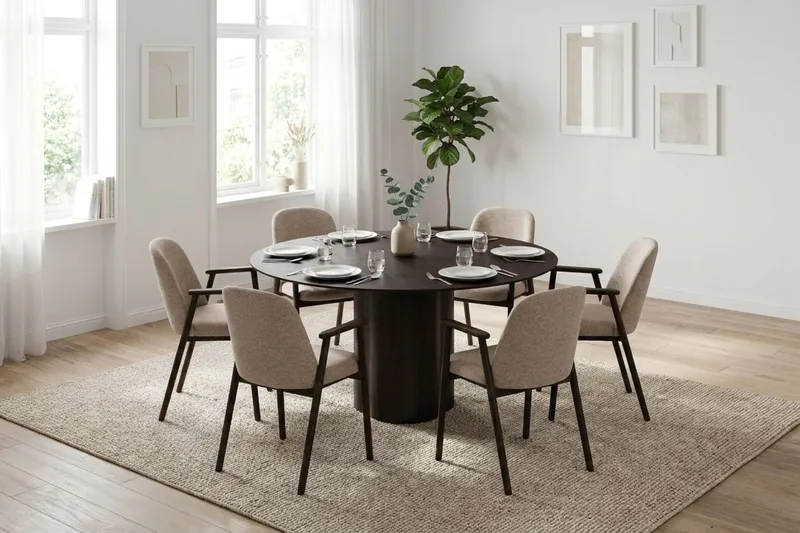 Juno spisegruppe rund 150 cm sort med 6 Reciclar spisestole - Sort - Møbler - Borde - Spisebordssæt
