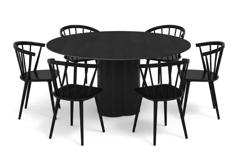 Juno spisegruppe rund 150 cm sort med 6 Tyrö spisestole - Sortbejdset eg - Møbler - Borde - Spisebordssæt