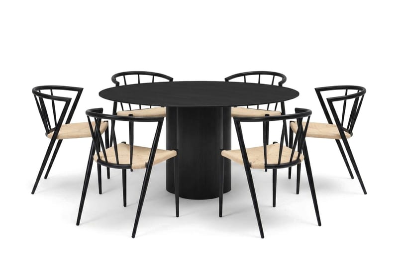 Juno spisegruppe rund 150 cm sort med 6 Winston spisebordsstole, Sort