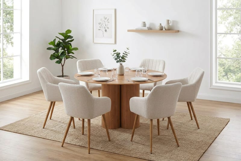 Juno spisegruppe rundt 130 cm eg med 6 Filippa spisestole - Eg - Møbler - Borde - Spisebordssæt