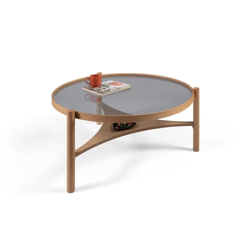 Kelvan 100 cm Rundt Sofabord med Hylder i Glas, Røggrå