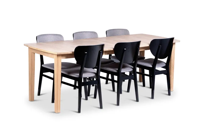 Kivik Udtræksbar Spisegruppe 160-210 cm Oval med 6 Borgholm Stole i massivt træ, Natur/Sort