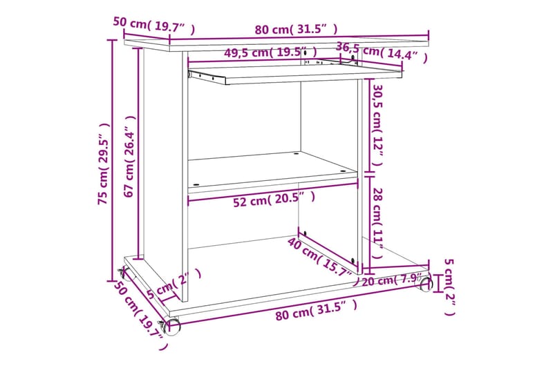 beBasic computerbord 80x50x75 cm konstrueret træ røget egetræsfarve - Brun - Møbler - Borde - Kontorbord - Skrivebord