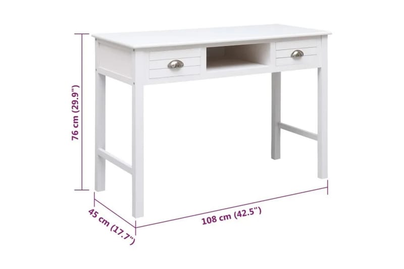 beBasic skrivebord 108x45x76 cm massivt kejsertræ hvid - Hvid - Møbler - Borde - Kontorbord - Skrivebord