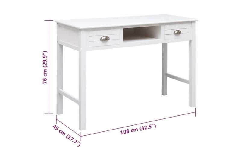 beBasic skrivebord 108x45x76 cm massivt kejsertræ hvid - Hvid - Skrivebord