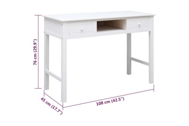 beBasic skrivebord 108x45x76 cm massivt kejsertræ hvid - Hvid - Møbler - Borde - Kontorbord - Skrivebord