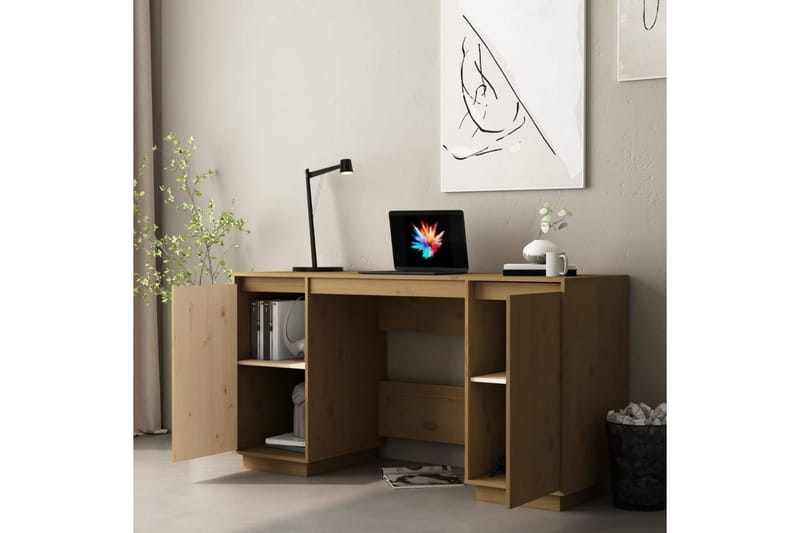 beBasic skrivebord 140x50x75 cm massivt fyrretræ gyldenbrun - Brun - Skrivebord