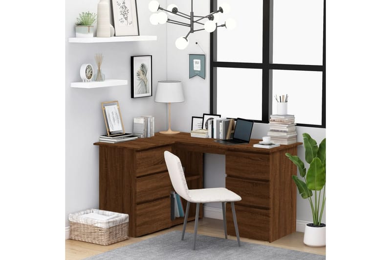 beBasic skrivebord 145x100x76 cm konstrueret træ brun egetræ - Brun - Møbler - Borde - Kontorbord - Skrivebord