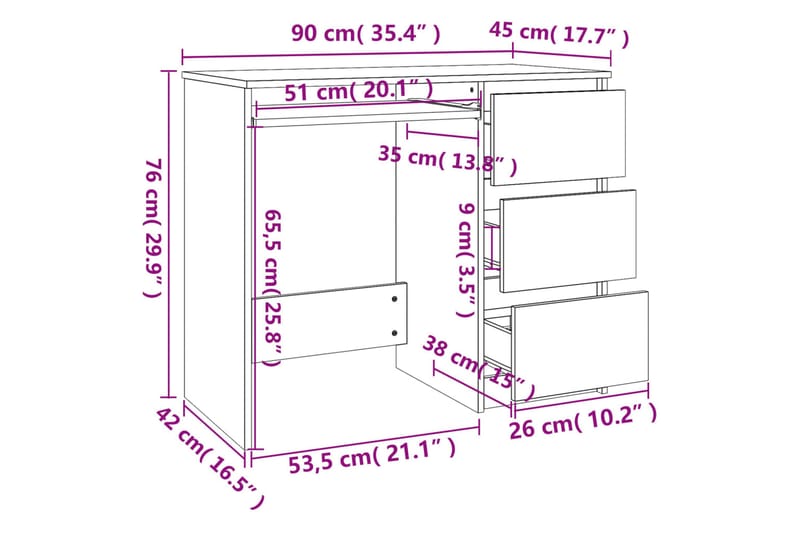 beBasic skrivebord 90x45x76 cm konstrueret træ brun egetræsfarve - Brun - Skrivebord