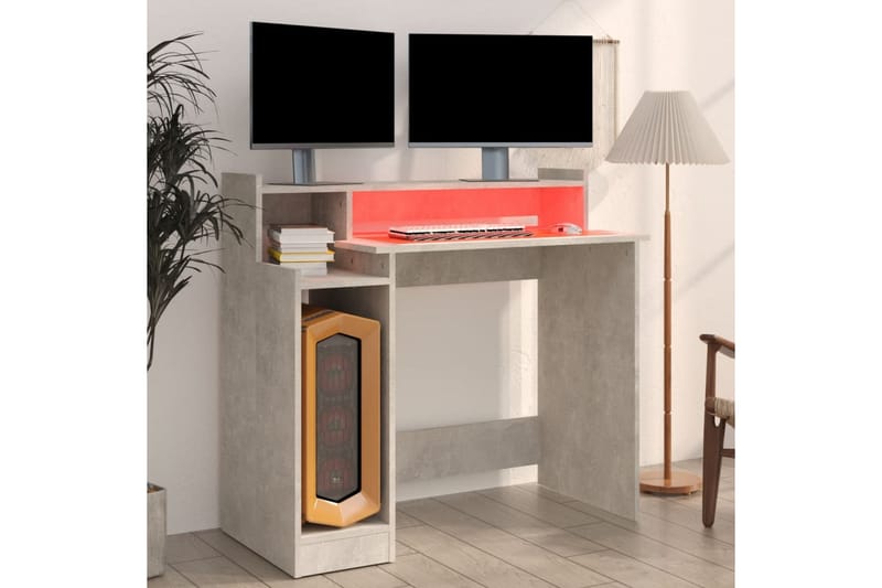 beBasic skrivebord m. LED-lys 97x90x45 cm konstrueret træ betongrå - GrÃ¥ - Møbler - Borde - Kontorbord - Skrivebord