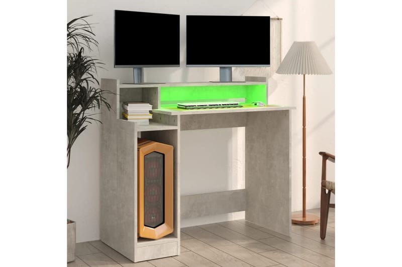 beBasic skrivebord m. LED-lys 97x90x45 cm konstrueret træ betongrå - GrÃ¥ - Møbler - Borde - Kontorbord - Skrivebord