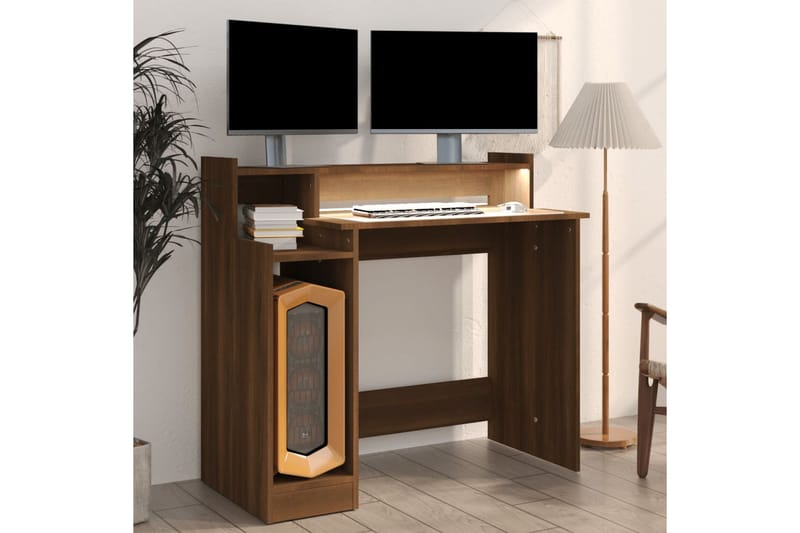 beBasic skrivebord m. LED-lys 97x90x45 cm konstrueret træ brun egetr�æ - Brun - Skrivebord