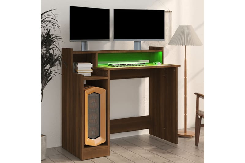 beBasic skrivebord m. LED-lys 97x90x45 cm konstrueret træ brun egetræ - Brun - Skrivebord