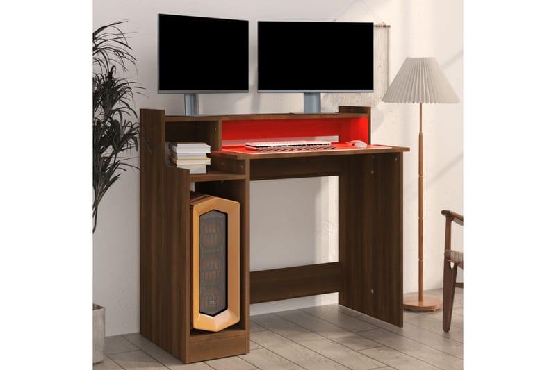 beBasic skrivebord m. LED-lys 97x90x45 cm konstrueret træ brun egetræ - Brun - Møbler - Borde - Kontorbord - Skrivebord