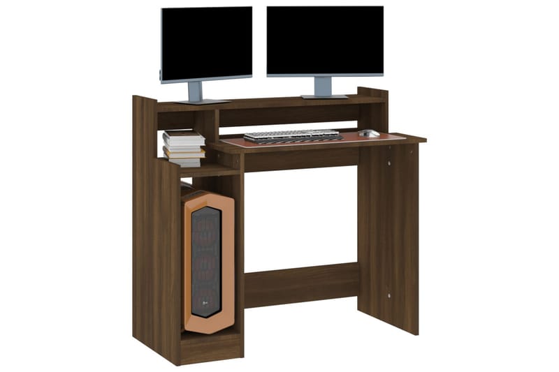beBasic skrivebord m. LED-lys 97x90x45 cm konstrueret træ brun egetræ - Brun - Møbler - Borde - Kontorbord - Skrivebord