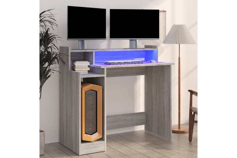 beBasic skrivebord m. LED-lys 97x90x45 cm konstrueret træ grå sonoma-eg - GrÃ¥ - Skrivebord