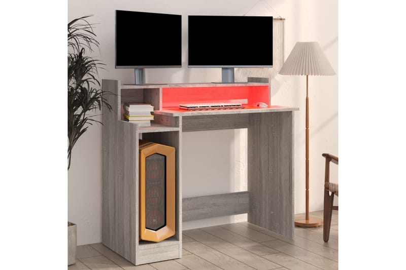 beBasic skrivebord m. LED-lys 97x90x45 cm konstrueret træ grå sonoma-eg - GrÃ¥ - Møbler - Borde - Kontorbord - Skrivebord