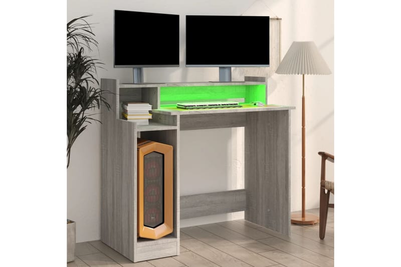 beBasic skrivebord m. LED-lys 97x90x45 cm konstrueret træ grå sonoma-eg - GrÃ¥ - Møbler - Borde - Kontorbord - Skrivebord