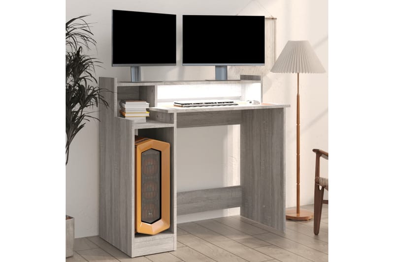 beBasic skrivebord m. LED-lys 97x90x45 cm konstrueret træ grå sonoma-eg - GrÃ¥ - Møbler - Borde - Kontorbord - Skrivebord
