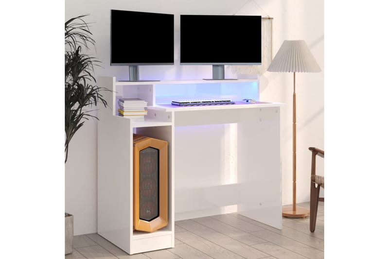 beBasic skrivebord m. LED-lys 97x90x45 cm konstrueret træ hvid højglans - Hvid - Skrivebord