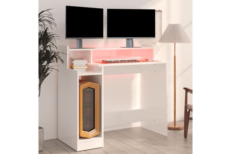 beBasic skrivebord m. LED-lys 97x90x45 cm konstrueret træ hvid højglans - Hvid - Møbler - Borde - Kontorbord - Skrivebord