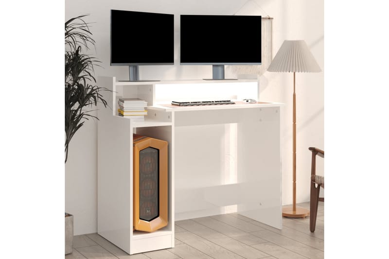 beBasic skrivebord m. LED-lys 97x90x45 cm konstrueret træ hvid højglans - Hvid - Skrivebord