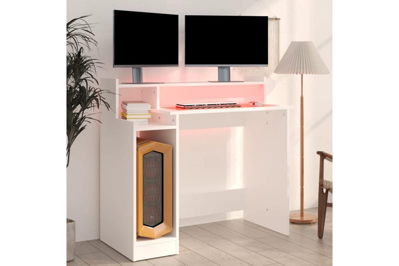 beBasic skrivebord m. LED-lys 97x90x45 cm konstrueret træ hvid - Hvid - Møbler - Borde - Kontorbord - Skrivebord