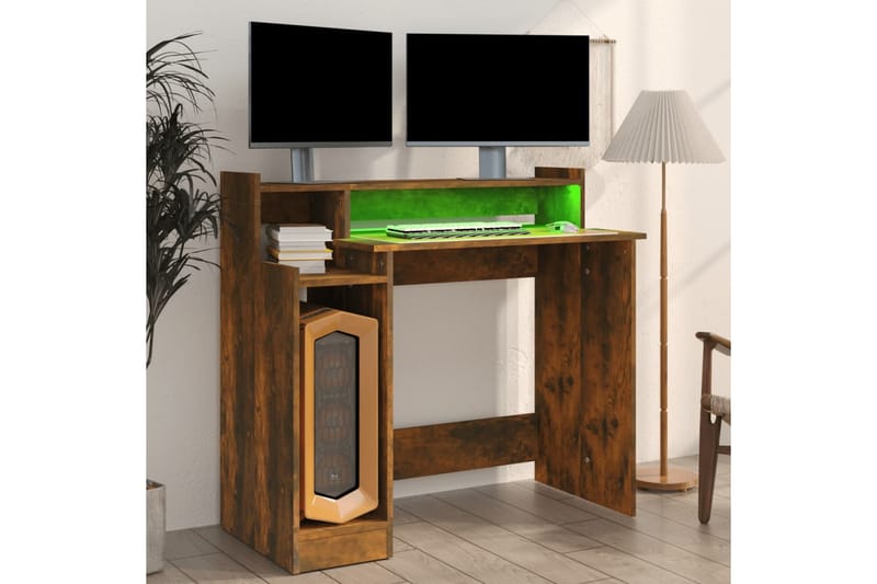 beBasic skrivebord m. LED-lys 97x90x45 cm konstrueret træ røget egetræ - Brun - Møbler - Borde - Kontorbord - Skrivebord