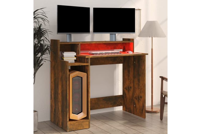 beBasic skrivebord m. LED-lys 97x90x45 cm konstrueret træ røget egetræ - Brun - Møbler - Borde - Kontorbord - Skrivebord