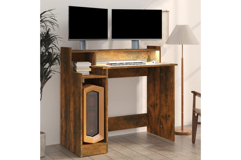 beBasic skrivebord m. LED-lys 97x90x45 cm konstrueret træ røget egetræ - Brun - Møbler - Borde - Kontorbord - Skrivebord