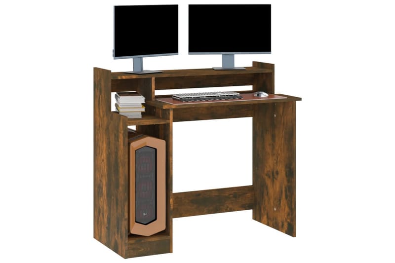 beBasic skrivebord m. LED-lys 97x90x45 cm konstrueret træ røget egetræ - Brun - Møbler - Borde - Kontorbord - Skrivebord