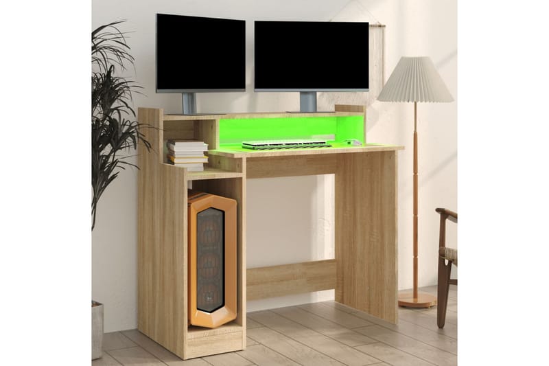 beBasic skrivebord m. LED-lys 97x90x45 cm konstrueret træ sonoma-eg - Brun - Møbler - Borde - Kontorbord - Skrivebord