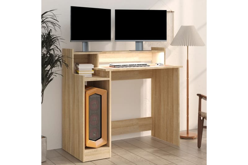 beBasic skrivebord m. LED-lys 97x90x45 cm konstrueret træ sonoma-eg - Brun - Møbler - Borde - Kontorbord - Skrivebord