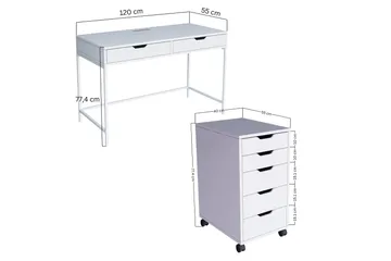 Durusu Skrivebord 120 cm med Skuffer og Hjul i Malet Træ - Hvid - Møbler - Borde - Kontorbord - Skrivebord