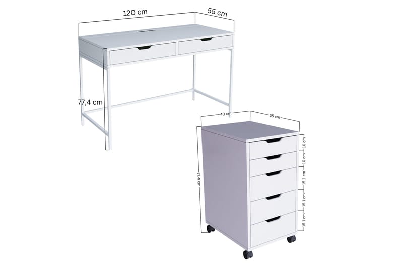 Durusu Skrivebord 120 cm med Skuffer og Hjul i Malet Træ - Hvid - Møbler - Borde - Kontorbord - Skrivebord