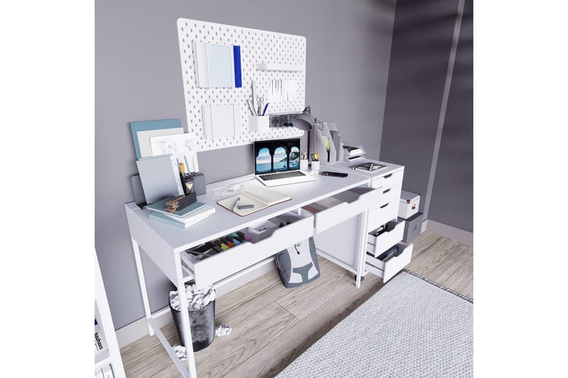 Durusu Skrivebord 120 cm med Skuffer og Hjul i Malet Træ - Hvid - Møbler - Borde - Kontorbord - Skrivebord