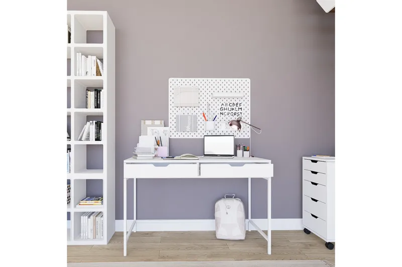 Durusu Skrivebord 55x120 cm med Skuffer i Træ med Metalstel - Hvid - Møbler - Borde - Kontorbord - Skrivebord